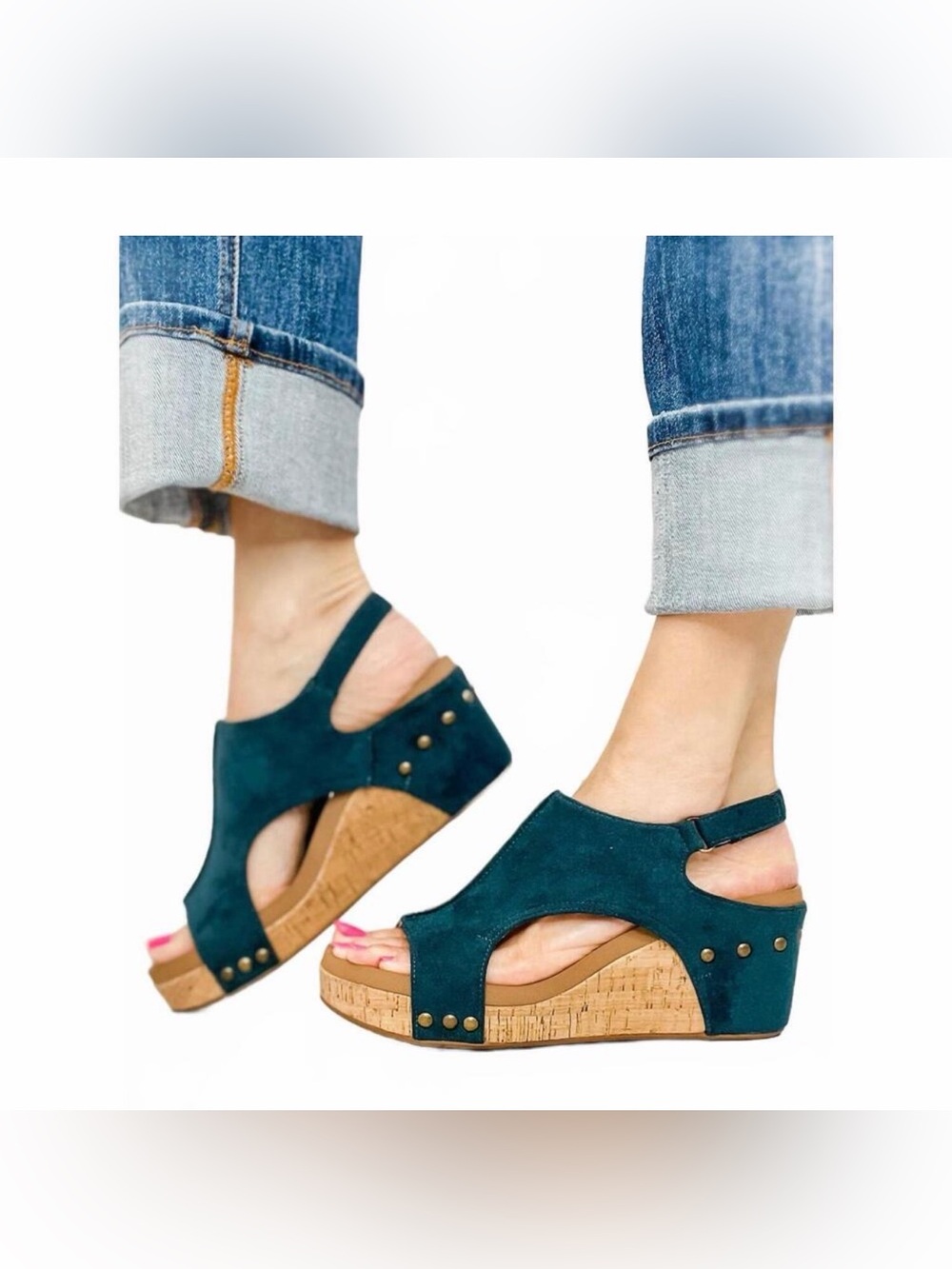 Corkys Teal Suede Open-Toe Cork Wedge Sandal - Picture 2 of 8